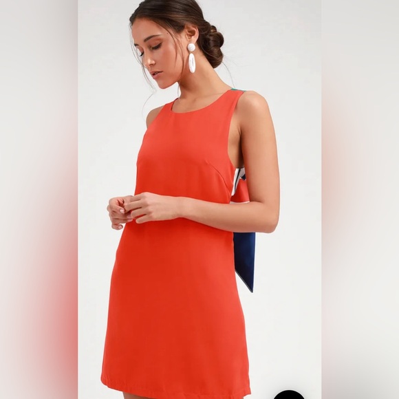 Brand new with tags Lulus Red Orange Multi Stripe Tie-Back Mini Dress - Picture 4 of 9